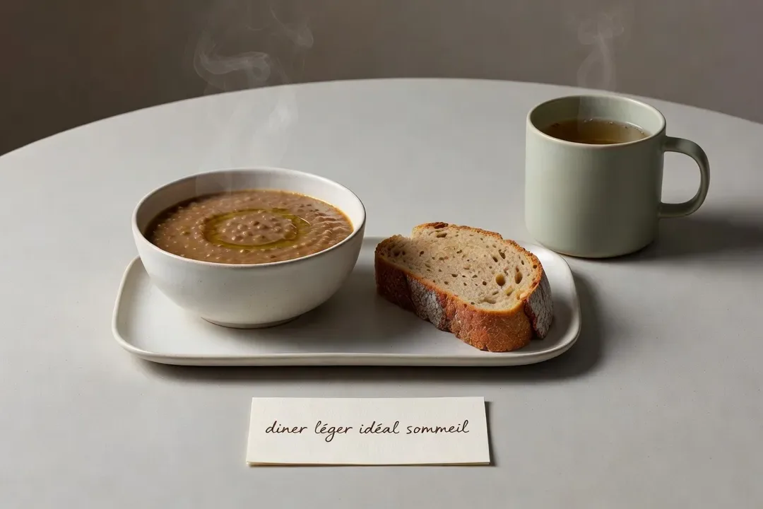 Dîner équilibré pour le sommeil — soupe de lentilles, pain complet, tisane de valériane