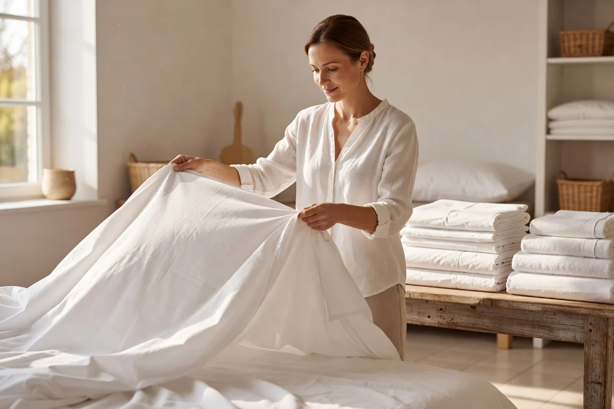 Femme adulte pliant des draps blancs propres sortis du sèche-linge, dans une buanderie lumineuse, routine de lavage hebdomadaire de la literie
