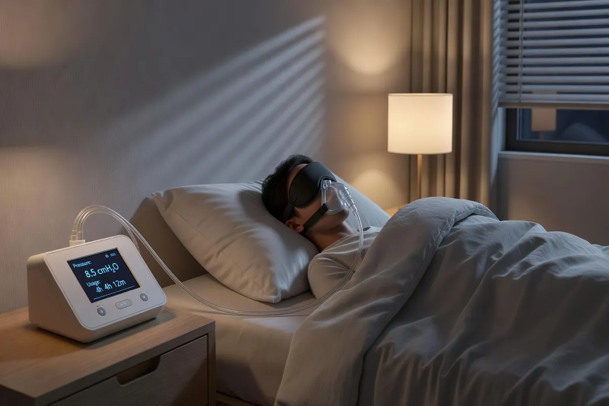 Appareil CPAP sur table de nuit à côté d'une personne portant un masque de sommeil