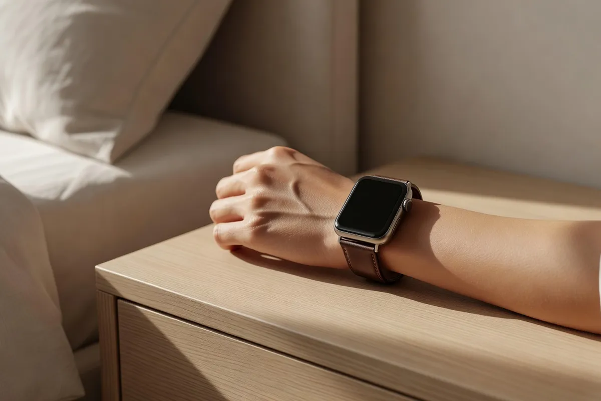 Montre connectée au poignet affichant des données de sommeil sur une table de chevet le matin