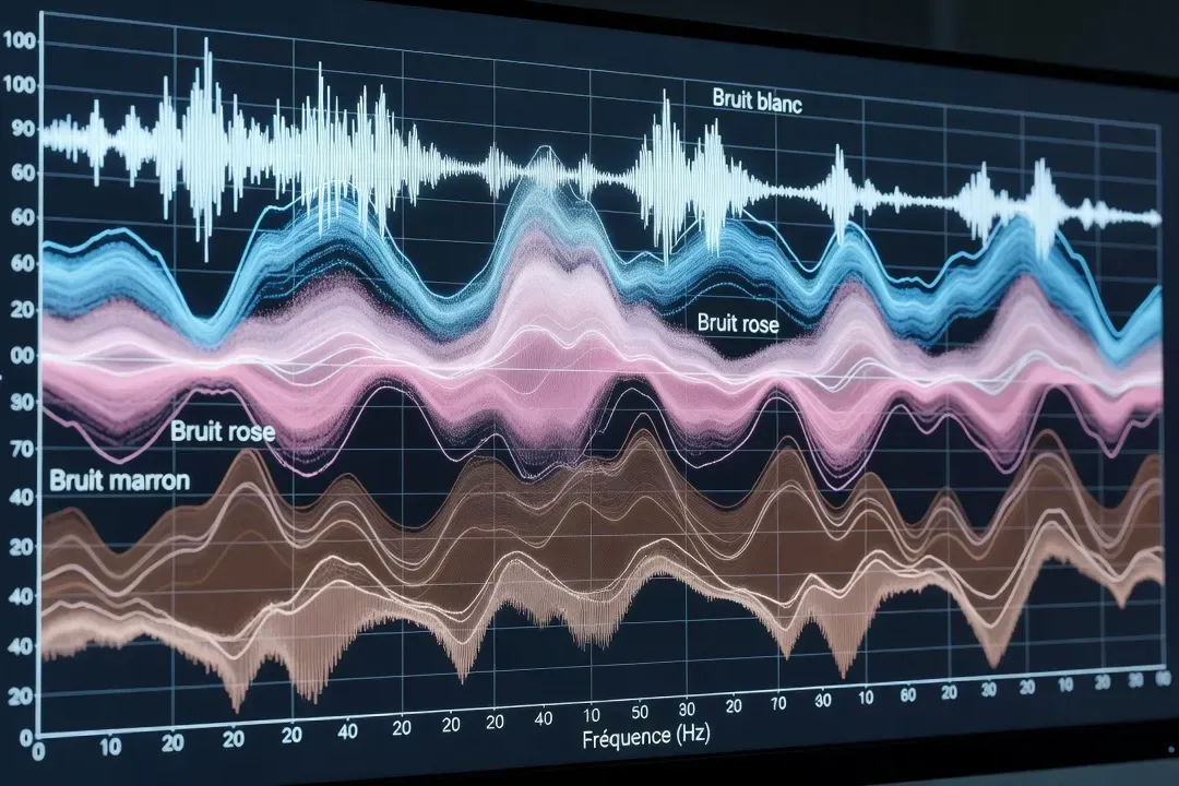 Visualisation du spectre sonore des couleurs de bruit — blanc, rose, marron en graphique