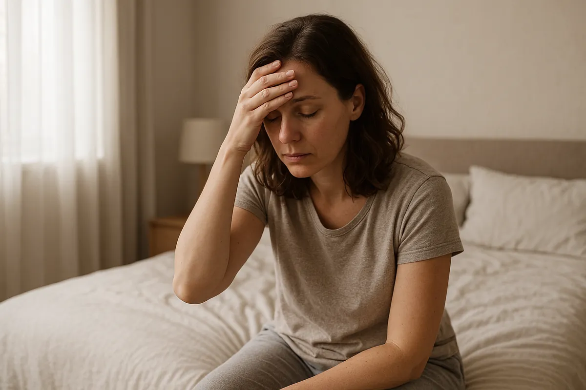 Femme fatiguée au bord de son lit au réveil, symbolisant la fatigue non réparatrice du burnout