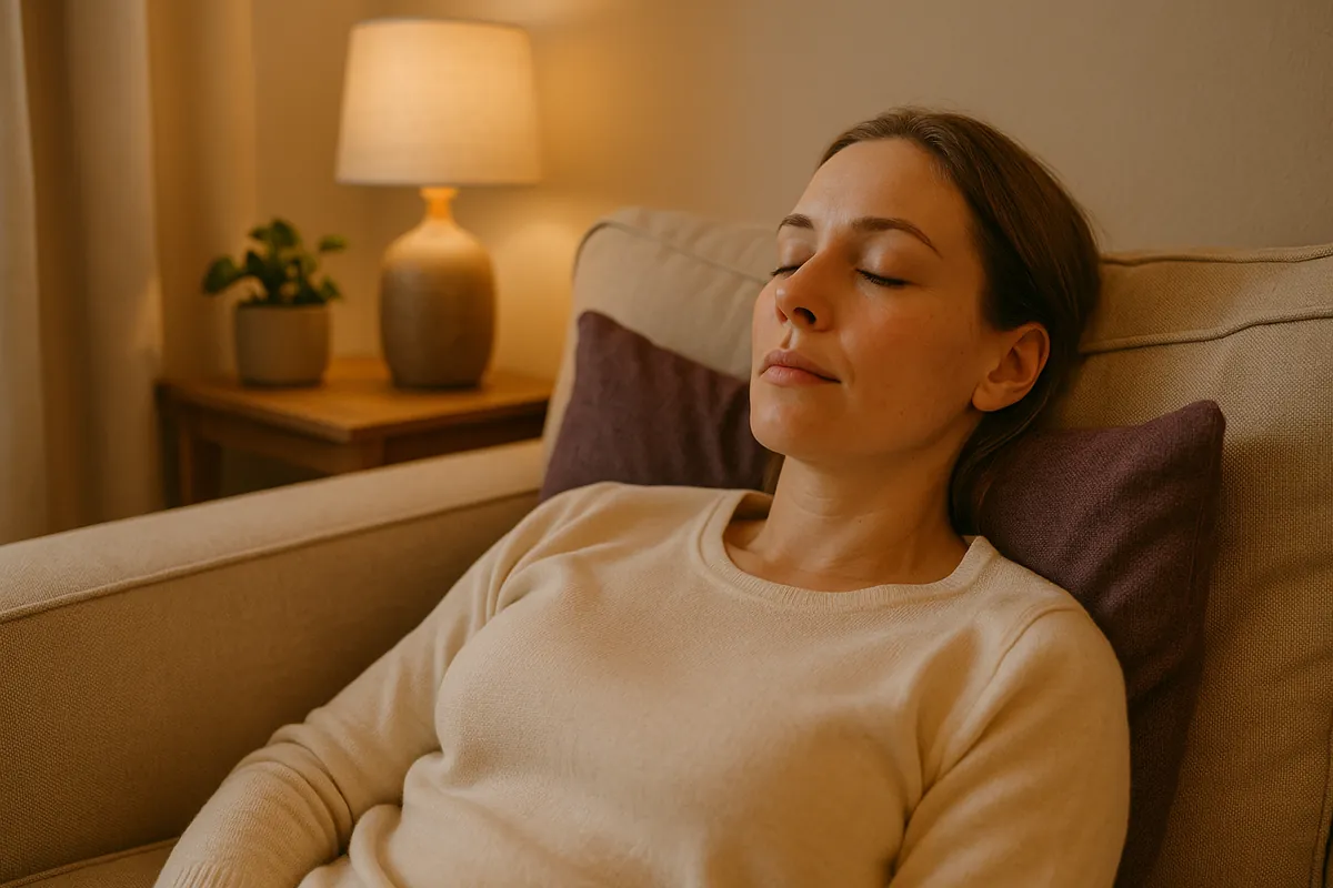 Femme pratiquant la respiration lente sur un canapé pour favoriser la relaxation du soir