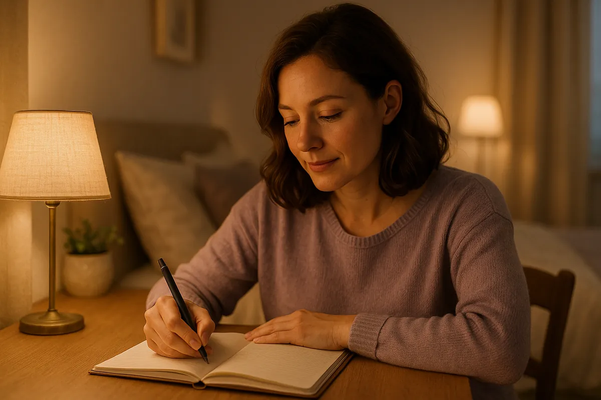Femme écrivant dans un journal de rêves le soir pour mieux comprendre ses cauchemars