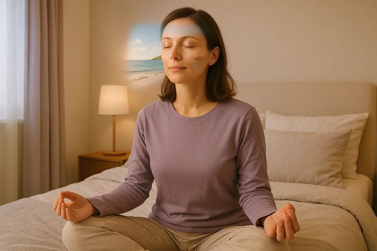 Femme pratiquant la visualisation positive allongée sur son lit pour apaiser ses cauchemars