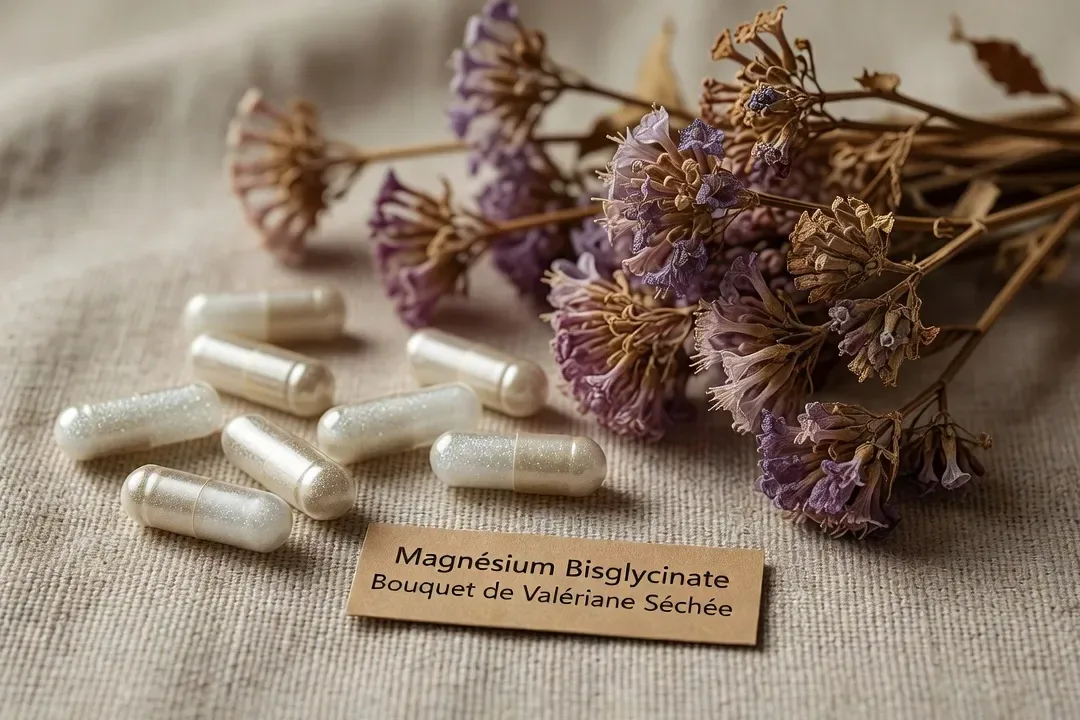 Capsules de magnésium bisglycinate et valériane sur fond naturel