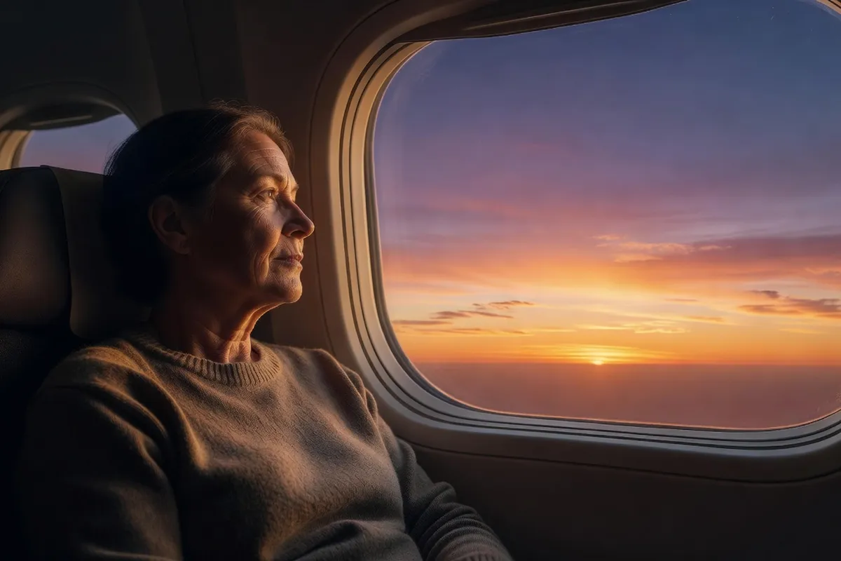 Voyageur regardant par le hublot d'un avion au lever du soleil pendant un vol long-courrier