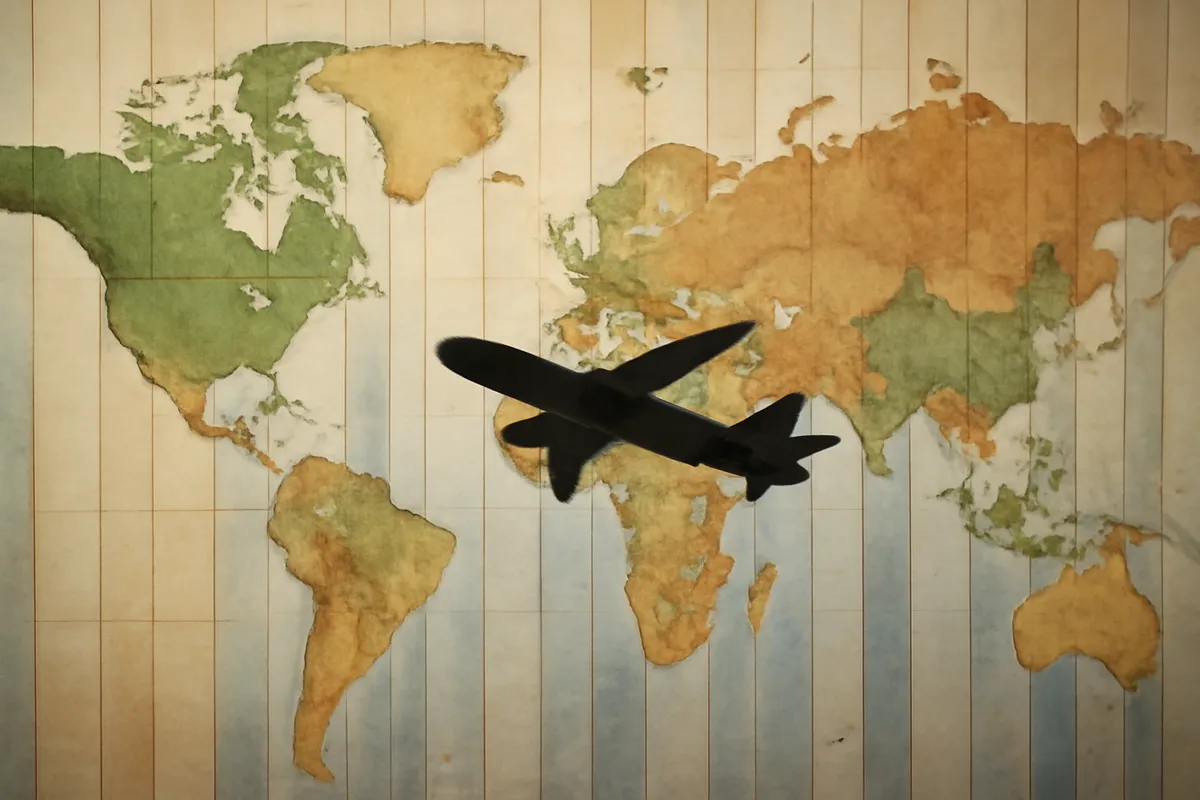 Carte du monde avec fuseaux horaires et silhouette d'avion en vol, illustration voyage