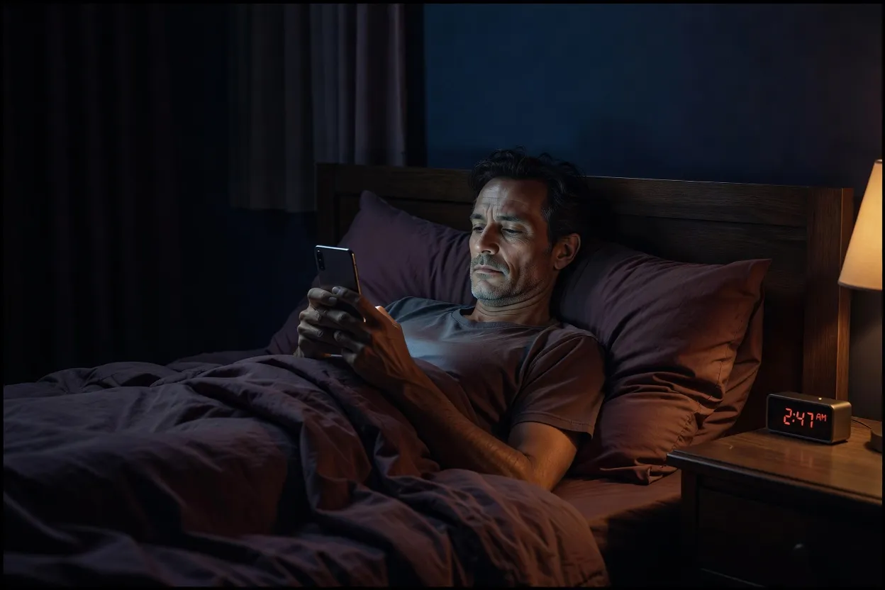 Homme adulte allongé dans son lit la nuit, le visage éclairé par l'écran de son smartphone