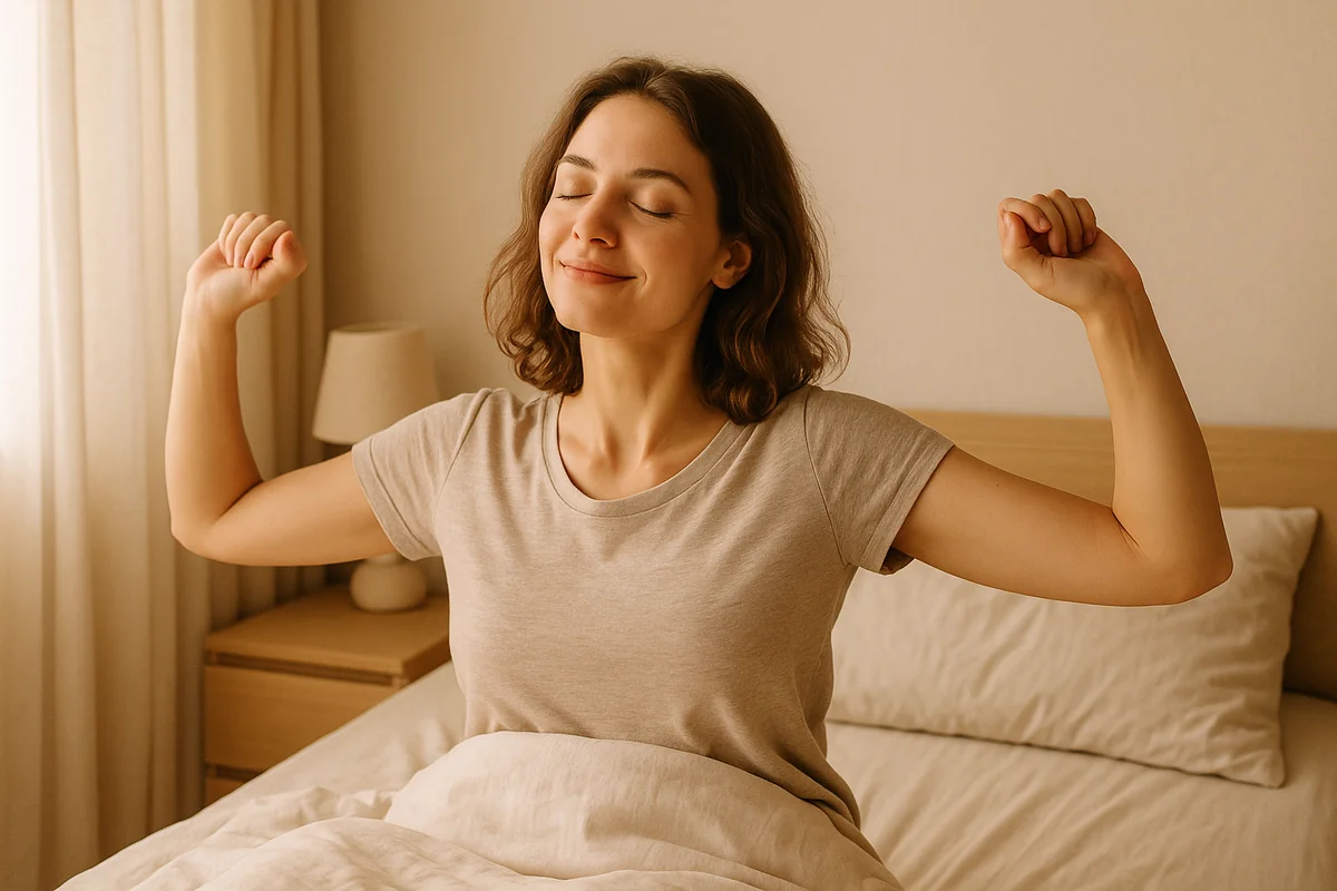 Femme adulte se réveillant en forme dans une chambre cocoon aux tons chauds