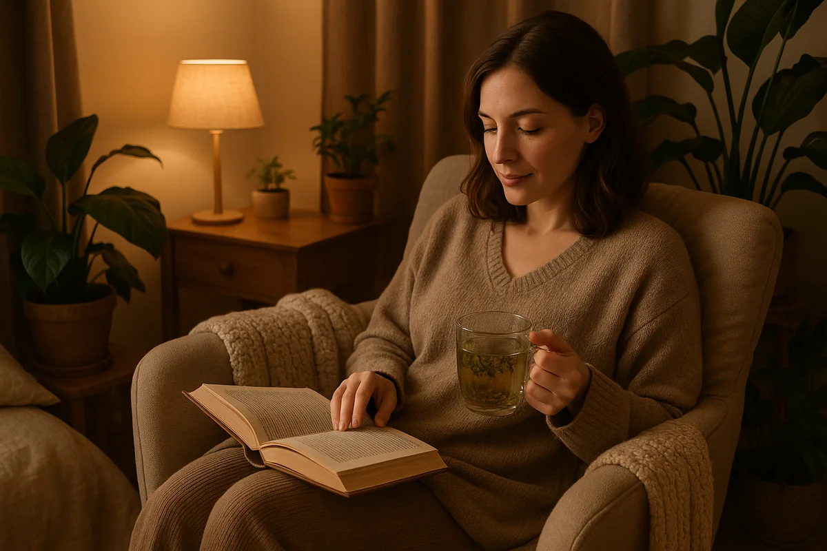 Femme adulte détendue lisant un livre avec une tisane dans un fauteuil confortable