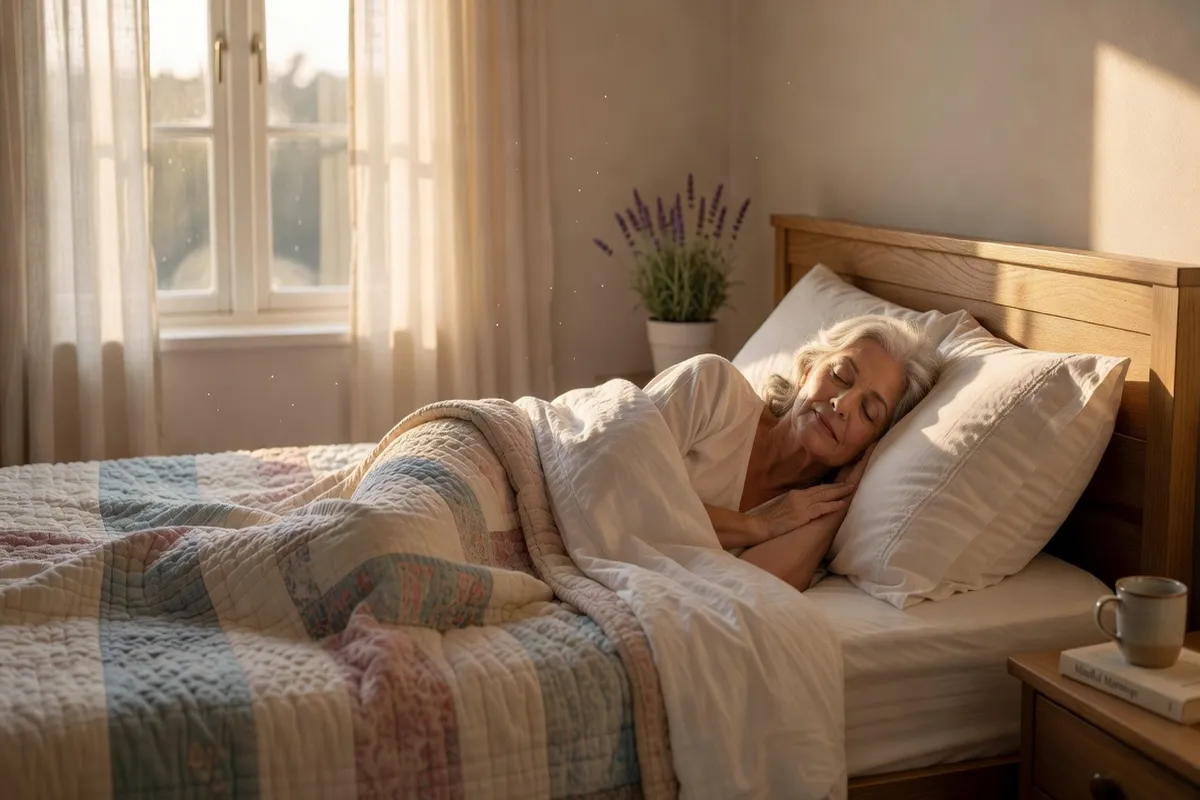 Personne âgée dormant sereinement dans un lit confortable au lever du soleil