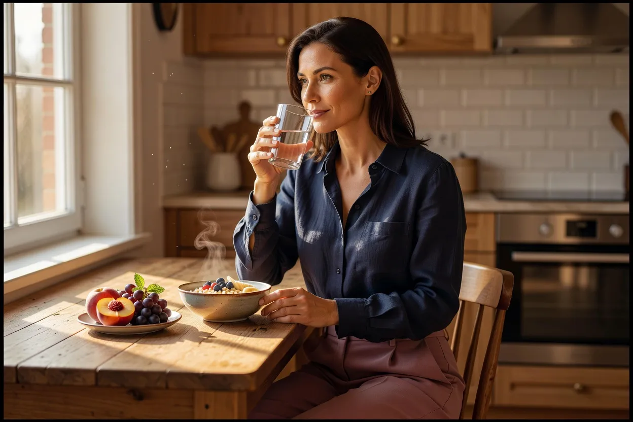 Femme adulte buvant un grand verre d'eau à sa table de cuisine, le matin, dans la lumière du jour