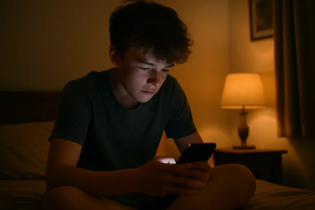 Adolescent assis sur son lit tard le soir avec smartphone, chambre faiblement éclairée
