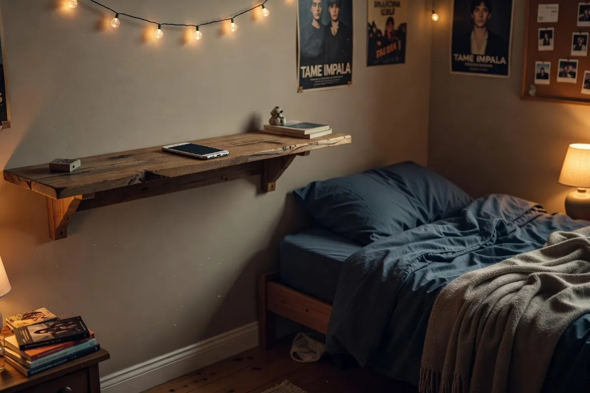 Téléphone posé sur une étagère loin du lit d'un adolescent, symbole du sas sans écran avant le coucher
