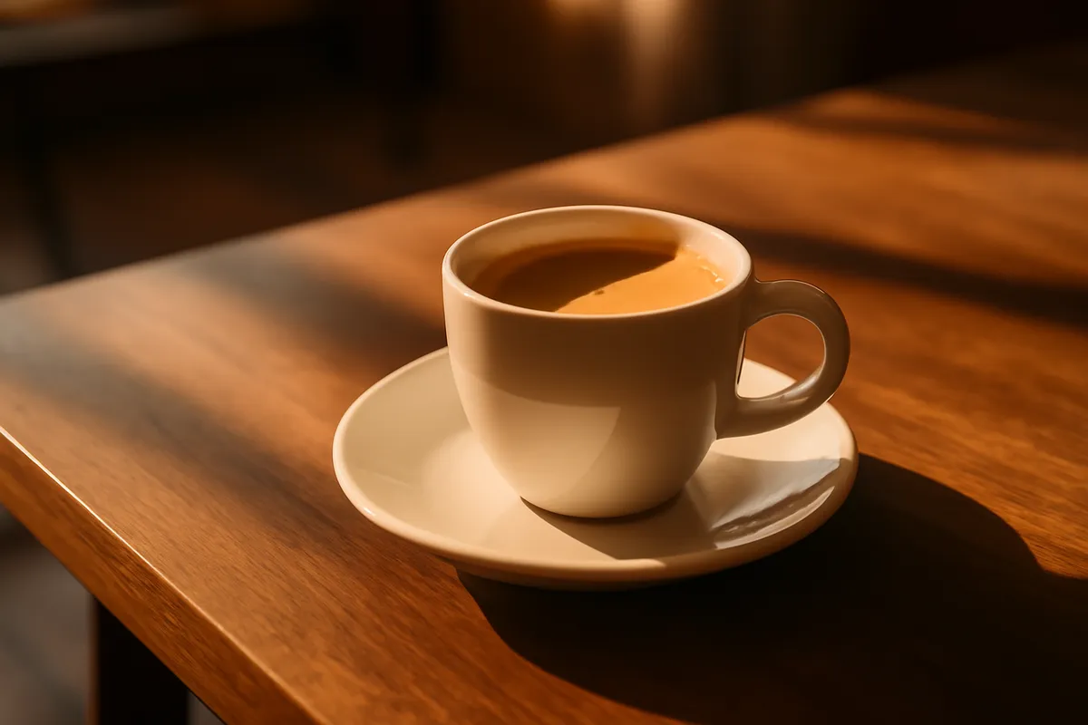 Tasse de café posée sur une table en fin d'après-midi, lumière chaude de fin de journée