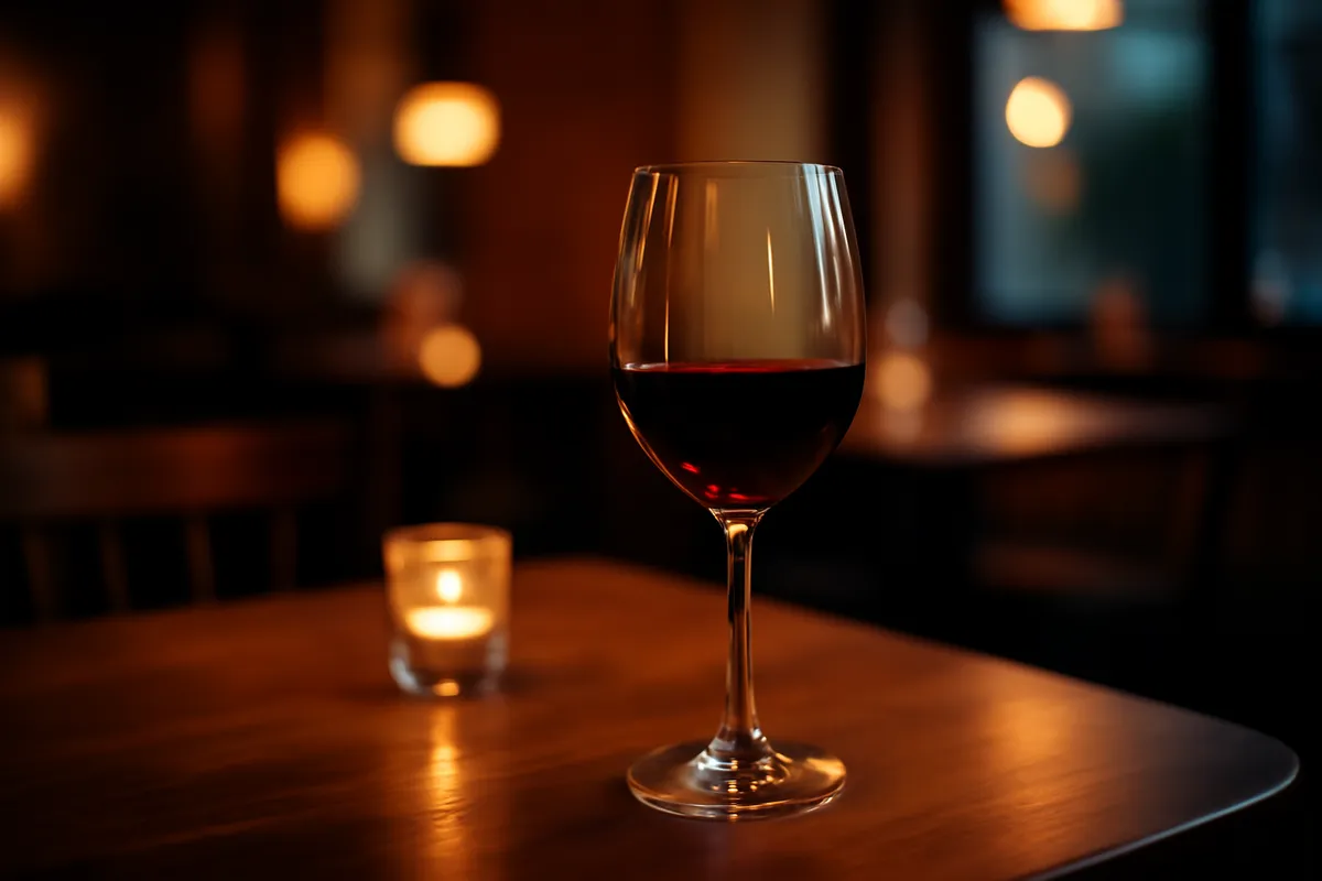 Verre de vin rouge posé sur une table le soir, ambiance tamisée