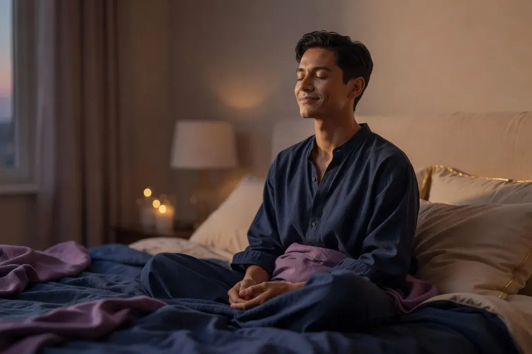 Femme pratiquant une respiration profonde assise sur son lit avant le coucher, lumière tamisée