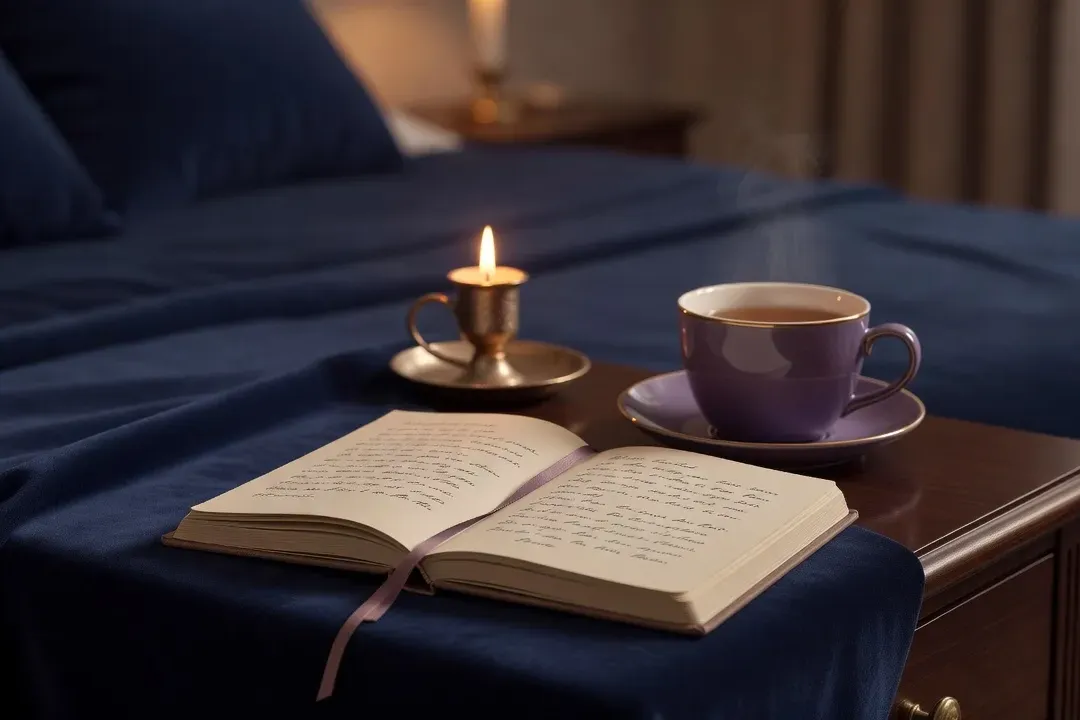 Carnet et stylo posés sur une table de nuit, à côté d'une bougie allumée, avant l'exercice d'écriture du soir