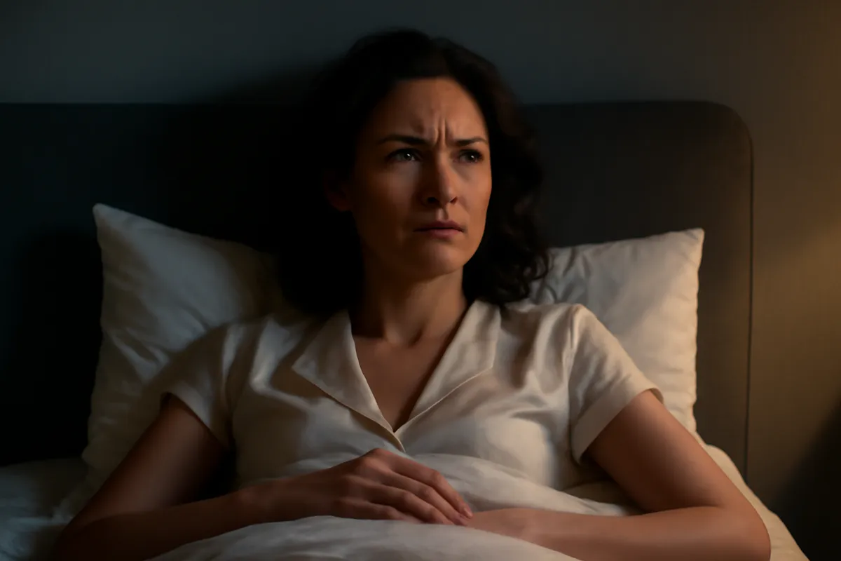 Femme allongée éveillée dans son lit, visage tendu, pensées qui semblent tourner en boucle