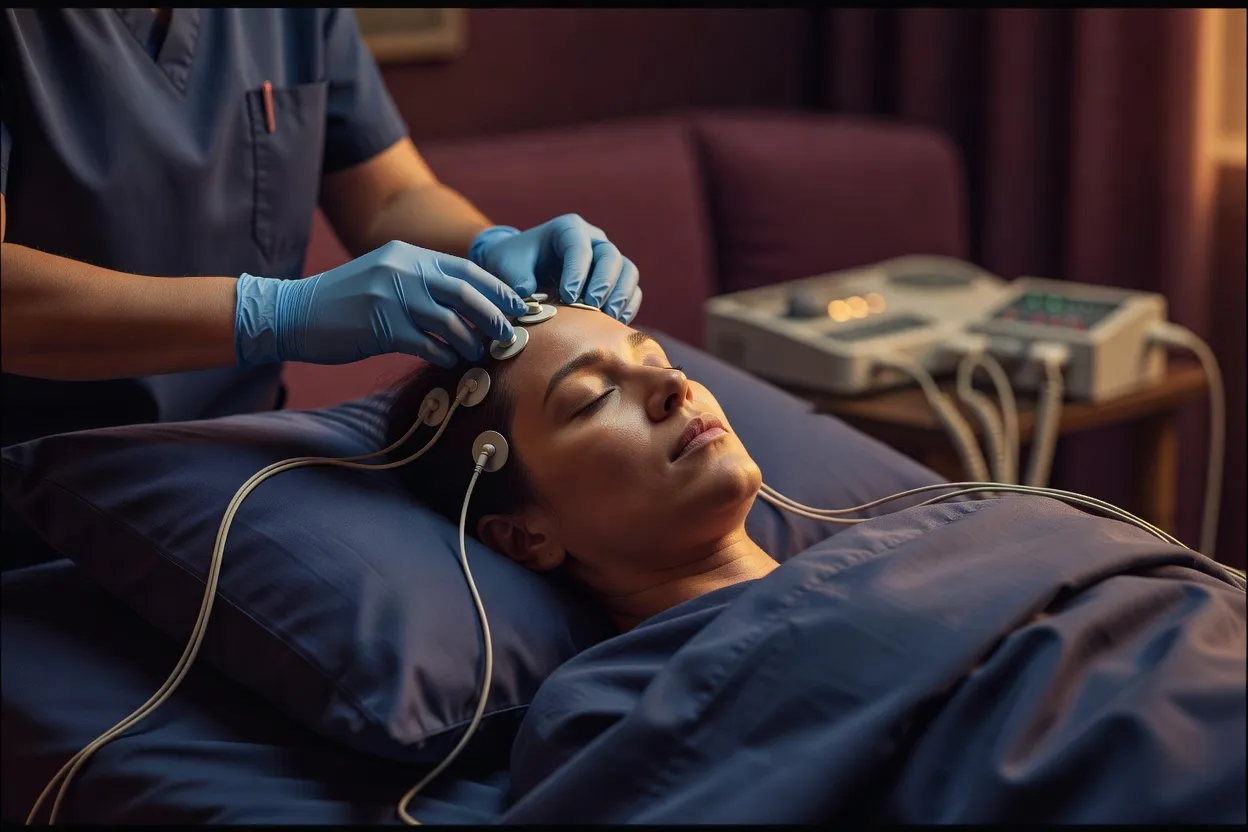 Mains d'un technicien posant de petites électrodes EEG sur le cuir chevelu d'un patient allongé