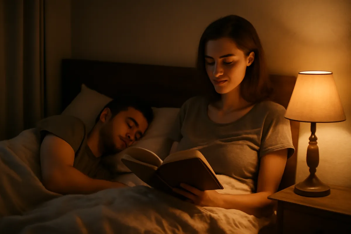 Couple dans une chambre, l'un endormi et l'autre lisant à la lumière d'une lampe de chevet tamisée