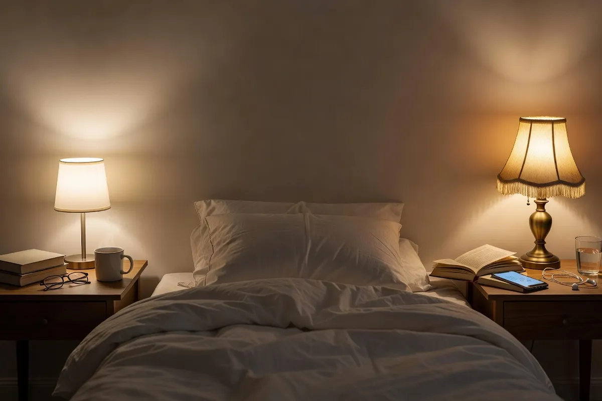 Deux tables de chevet distinctes avec accessoires de sommeil différents, symbole de deux rythmes dans un couple
