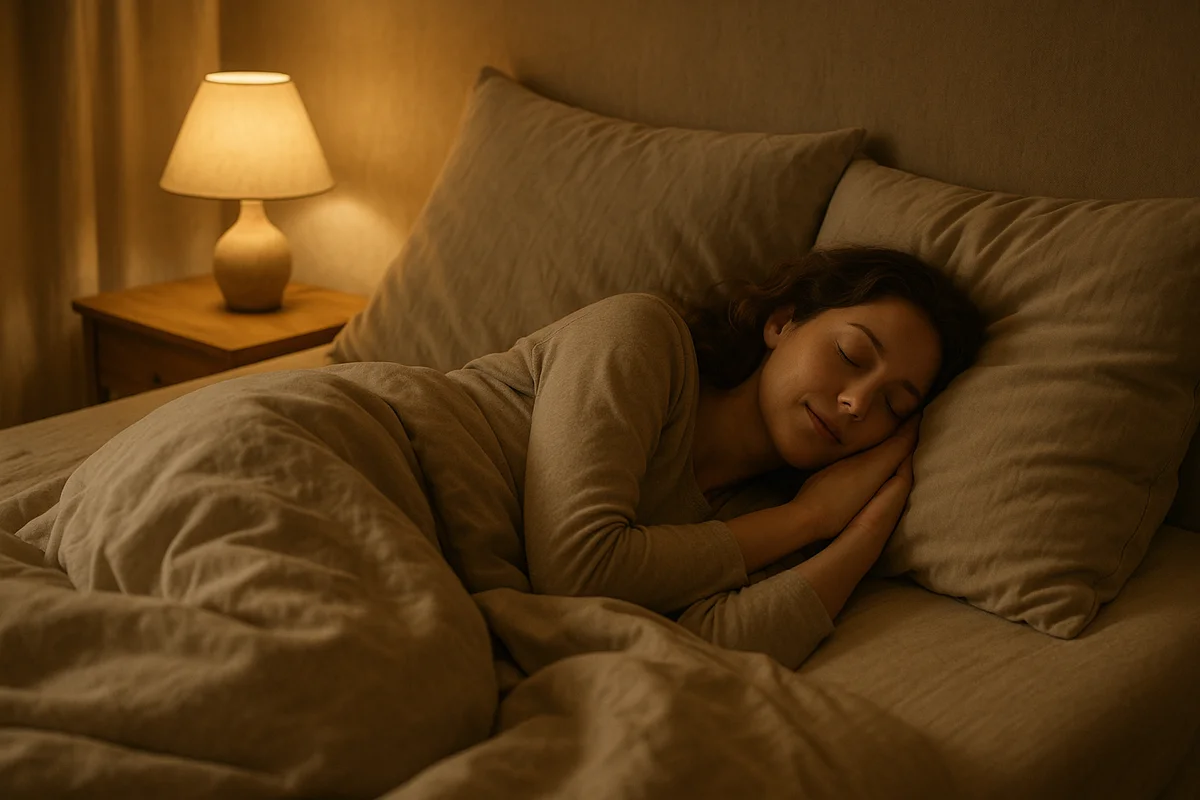 Femme endormie paisiblement dans un lit douillet, lumière tamisée d'une chambre chaleureuse