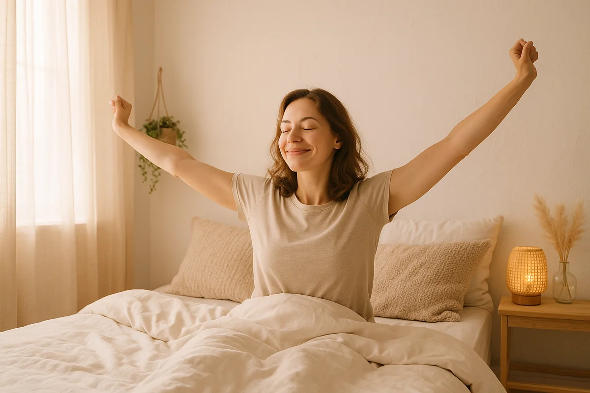 Femme réveillée en forme s'étirant dans son lit, lumière naturelle du matin dans la chambre