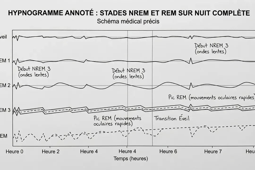 Hypnogramme annoté montrant les stades de sommeil NREM et REM sur une nuit complète