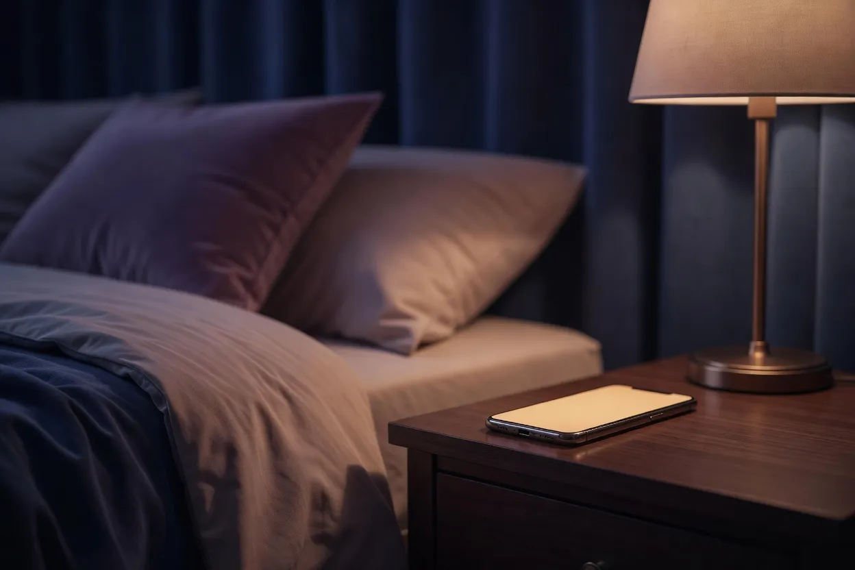 Smartphone posé sur une table de chevet affichant un mode nuit ambré à côté d'une lampe tamisée