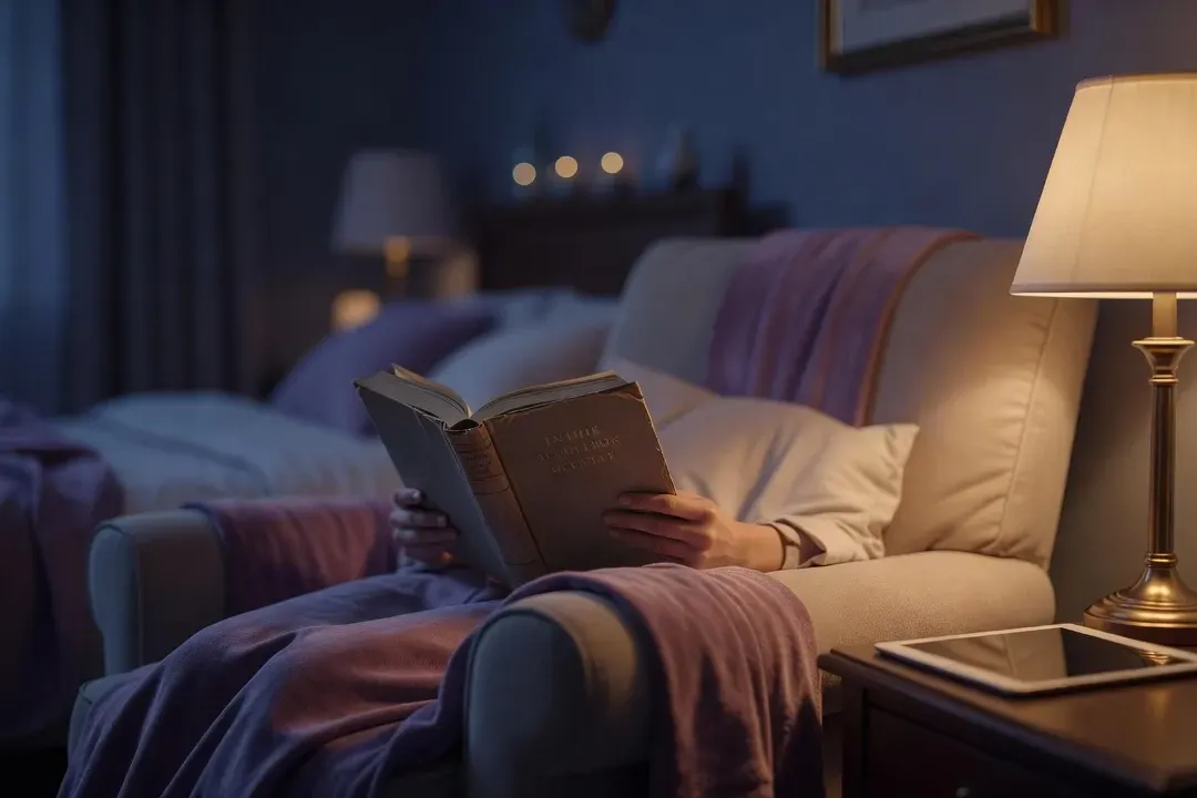 Personne lisant un livre papier à la lumière chaude d'une lampe de chevet, tablette éteinte à proximité