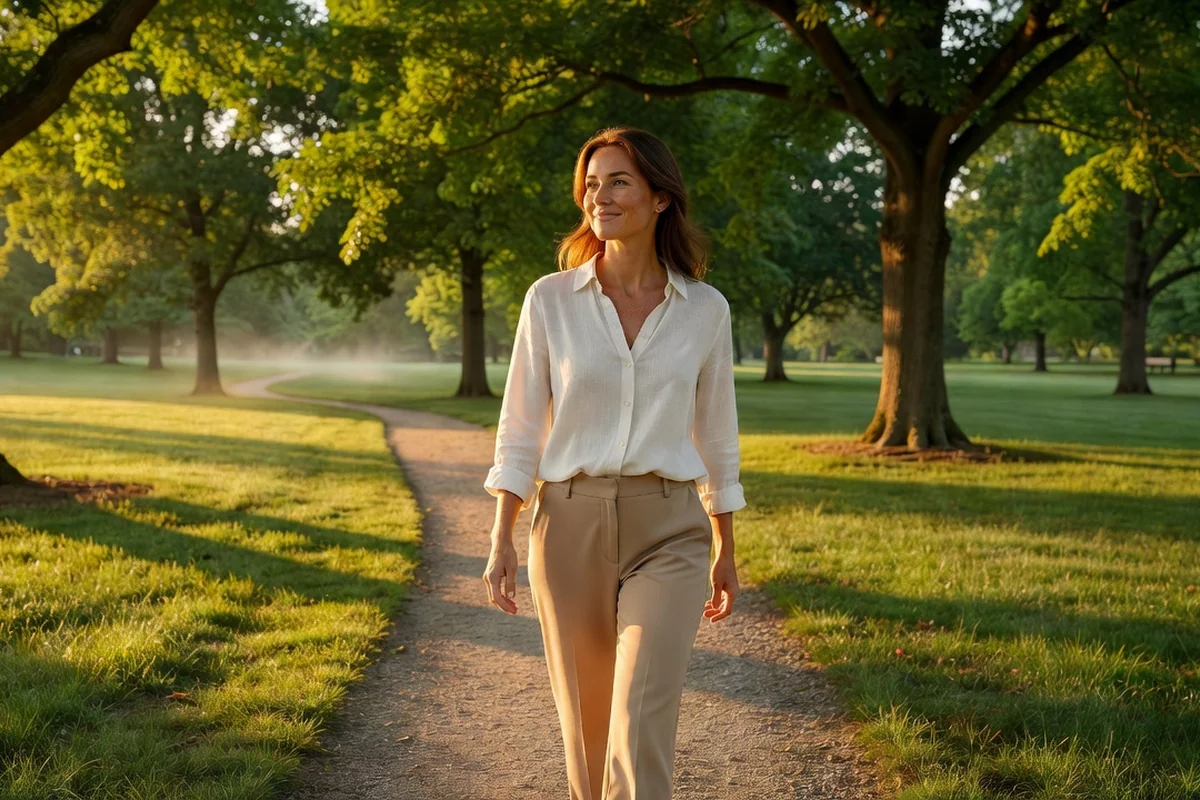 Femme adulte marchant dehors au lever du jour dans un parc, lumière naturelle du matin sur son visage, tête visible et allure détendue