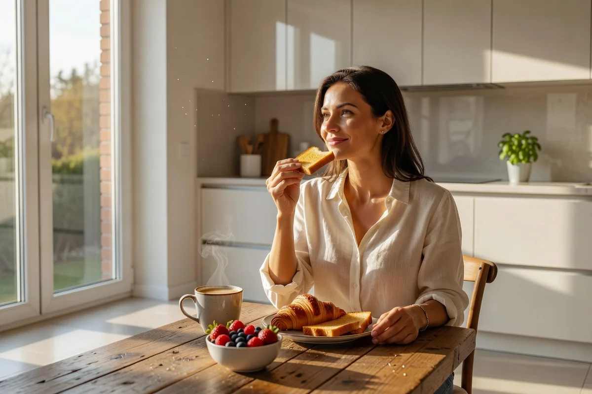 Femme adulte prenant son petit-déjeuner près d'une grande fenêtre ensoleillée le matin, lumière naturelle abondante dans la cuisine