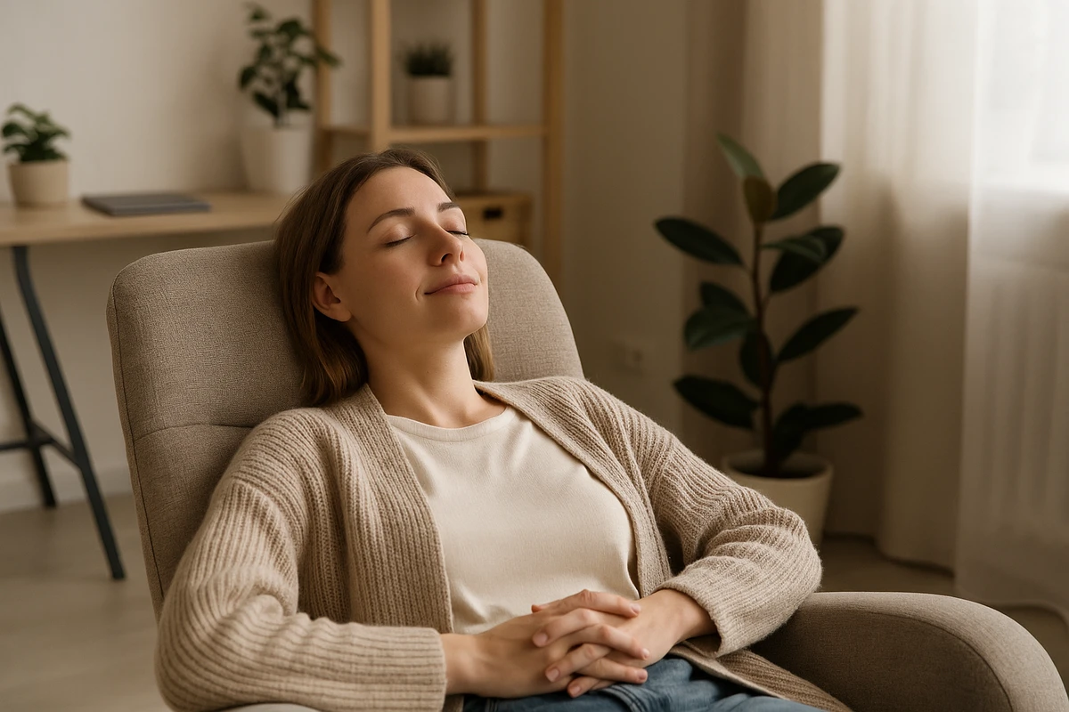 Femme détendue allongée sur un canapé dans un salon douillet, prête à faire un power nap de 20 minutes