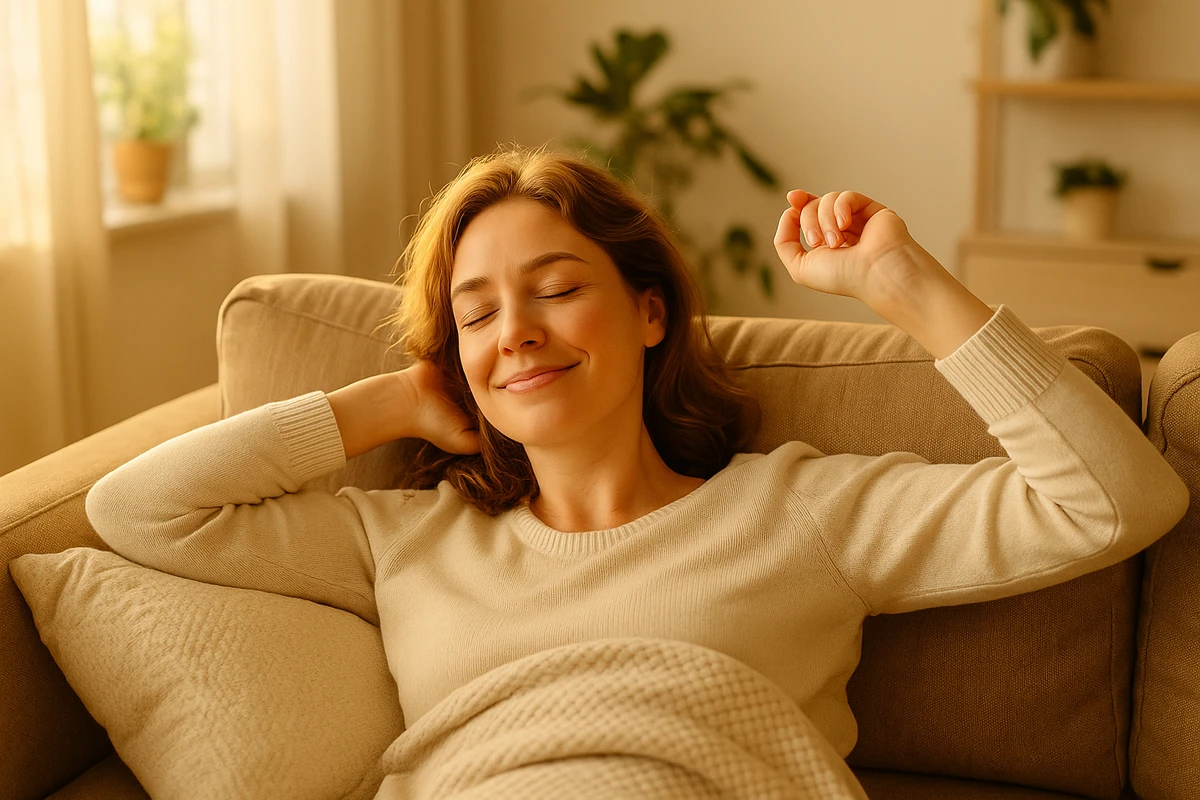 Femme fraîche et souriante se réveillant après un power nap, lumière douce dans la chambre