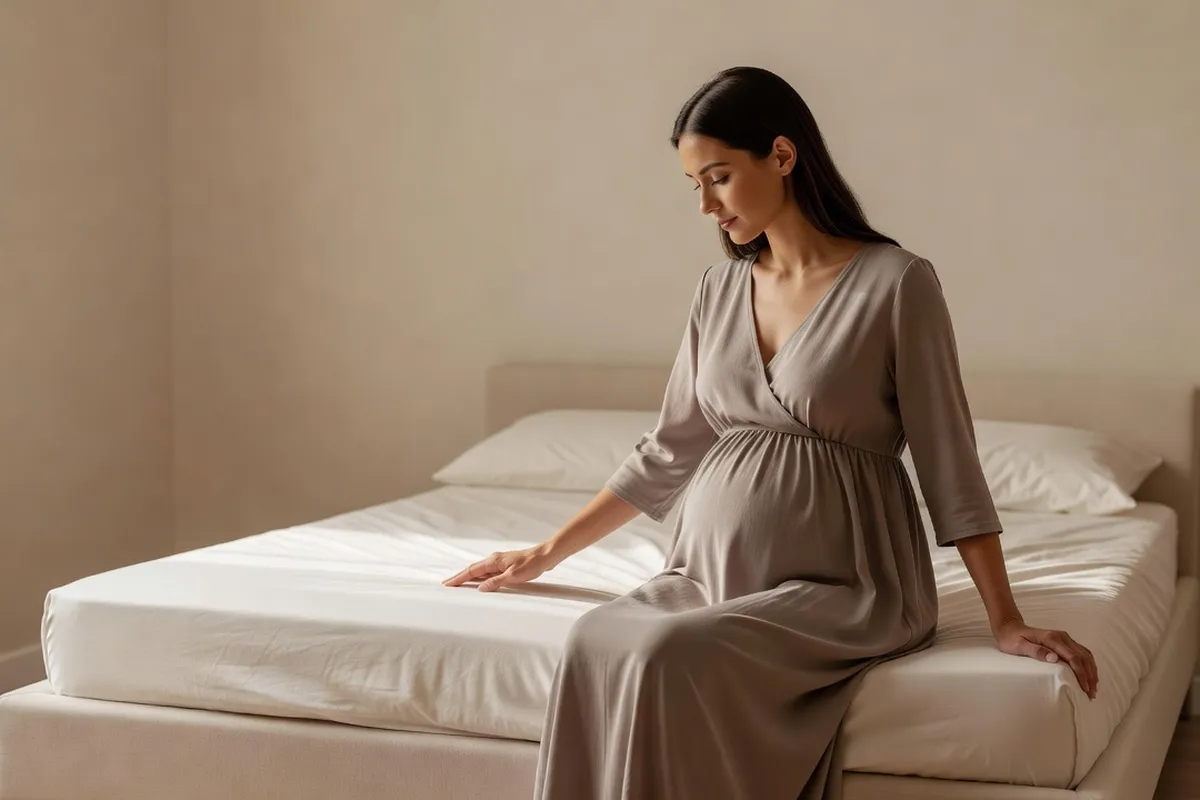 Femme enceinte assise au bord d'un lit, la main posée sur un matelas ferme recouvert d'un drap bien tendu, dans une chambre lumineuse aux tons neutres