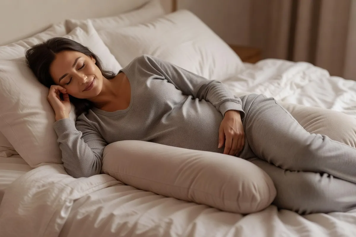 Femme enceinte endormie sur le côté dans son lit, un long coussin de maternité entre les genoux, dans une chambre calme à la lumière douce