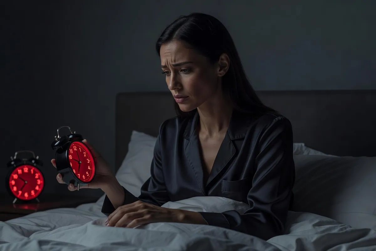 Personne éveillée la nuit consultant l'heure sur un réveil à affichage rouge