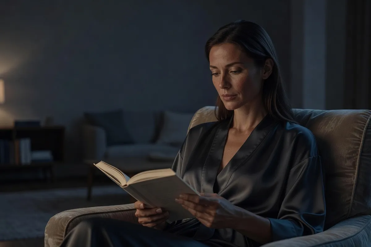 Personne assise dans un fauteuil en train de lire calmement au milieu de la nuit