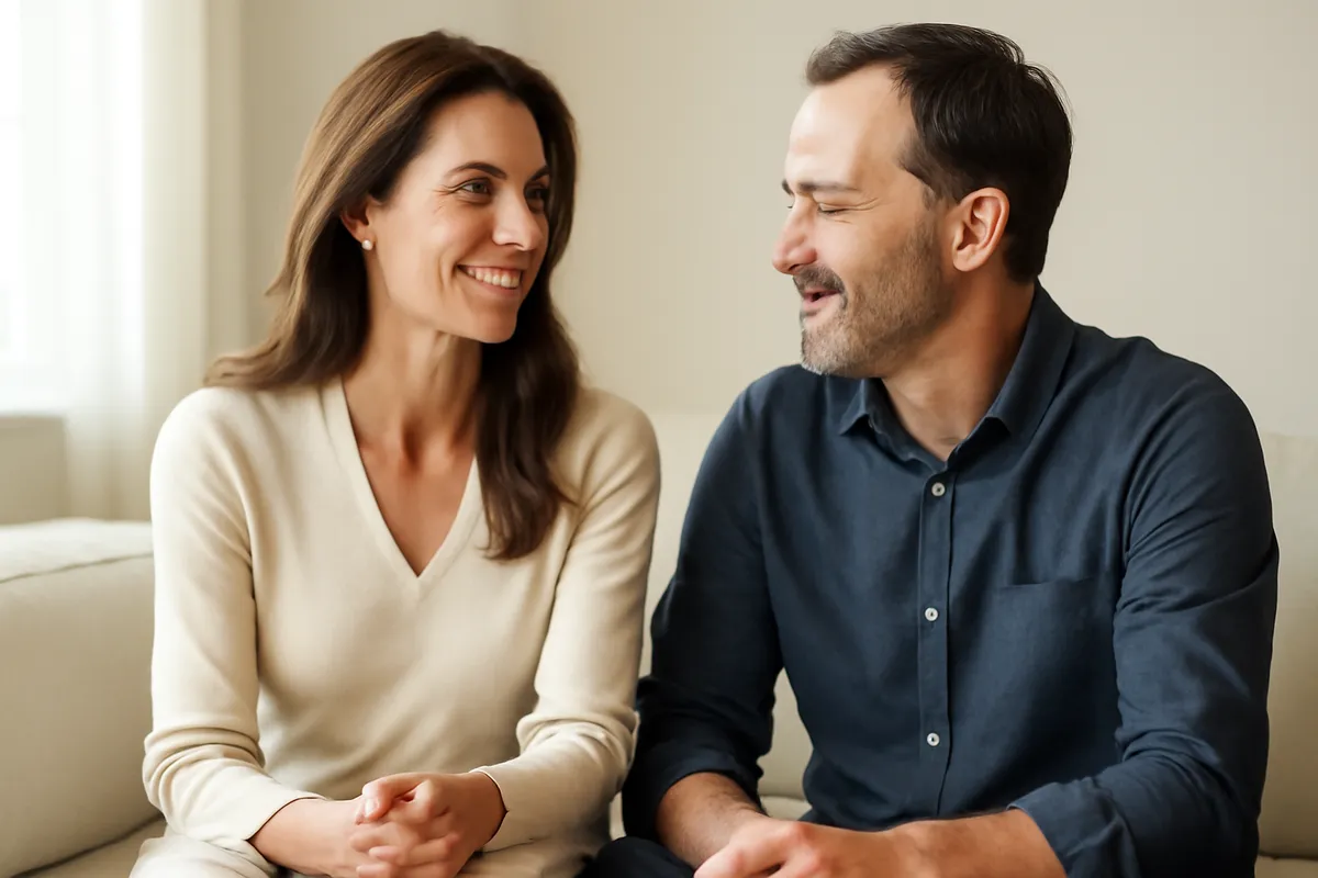 Couple souriant discutant calmement en journée, ambiance sereine