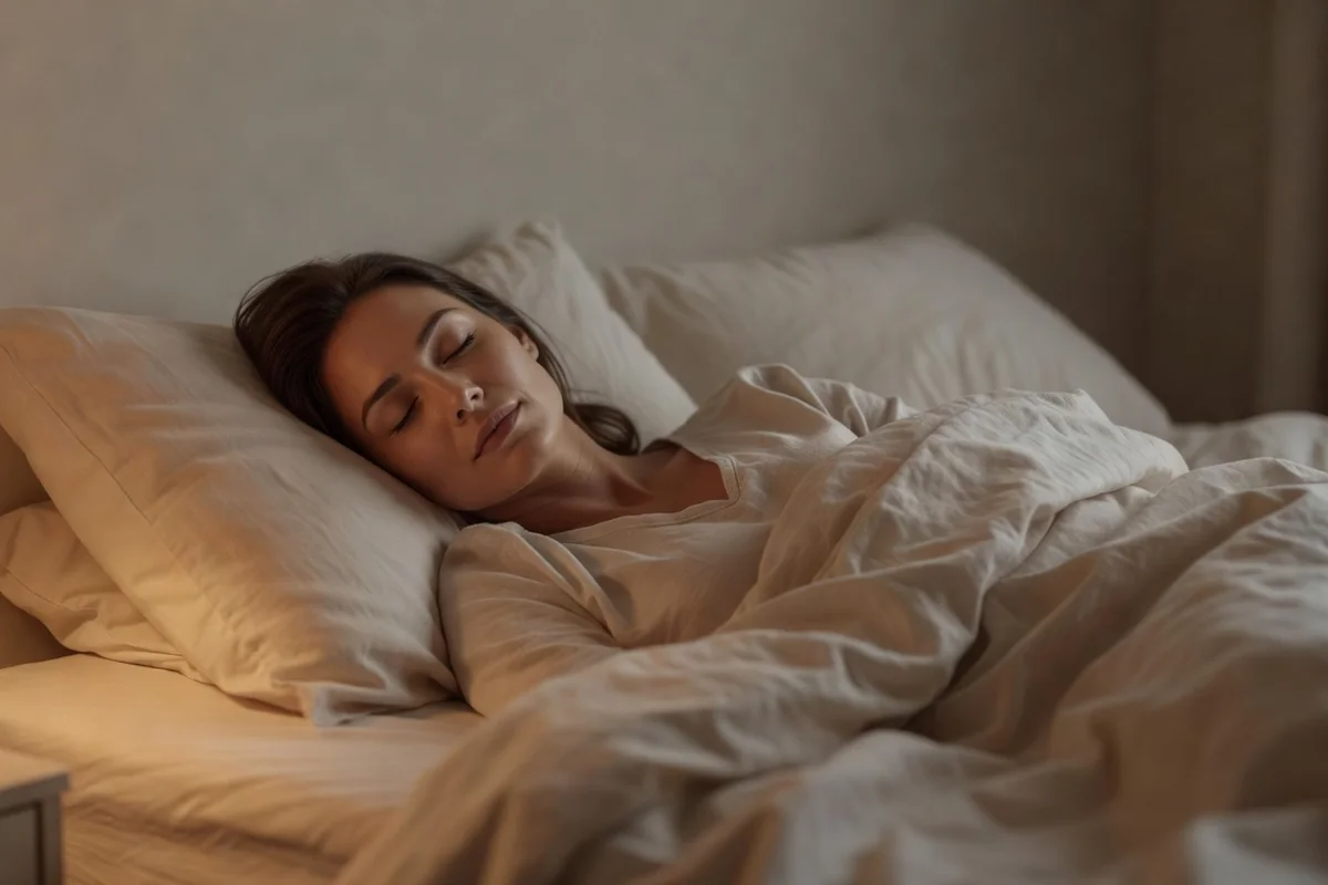 Femme adulte allongée dans son lit le soir, yeux fermés, respiration calme, lumière tamisée et chambre apaisée