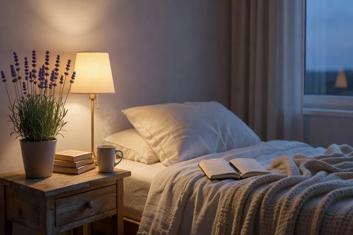 Chambre paisible avec lavande sur la table de nuit, lampe tamisée, draps blancs