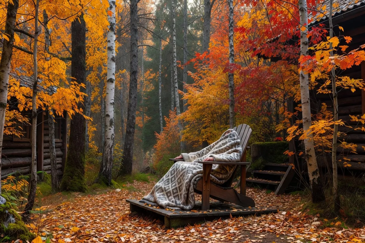 Personne enveloppée dans une couverture se reposant dans un fauteuil en plein air, forêt d'automne