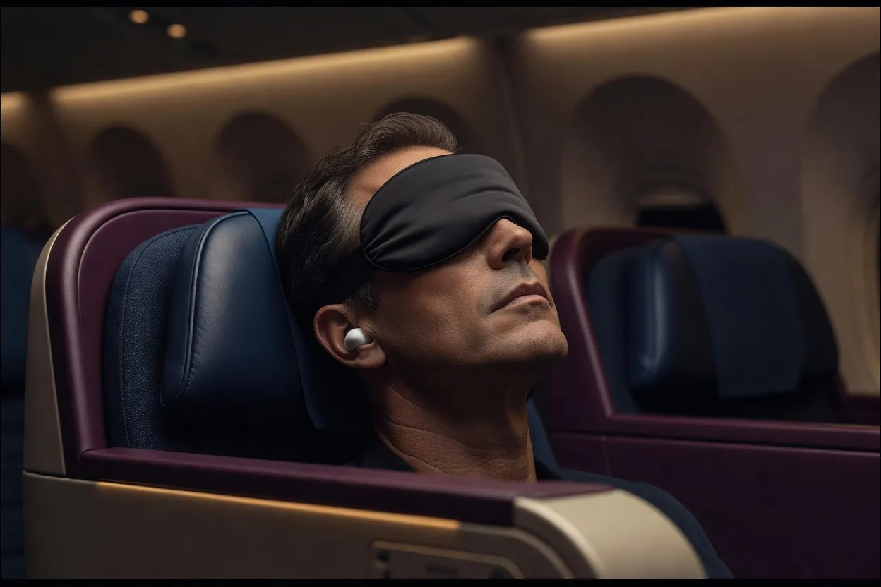Voyageur au masque de nuit, bouchons d'oreille en place, endormi dans un siège d'avion en lumière tamisée
