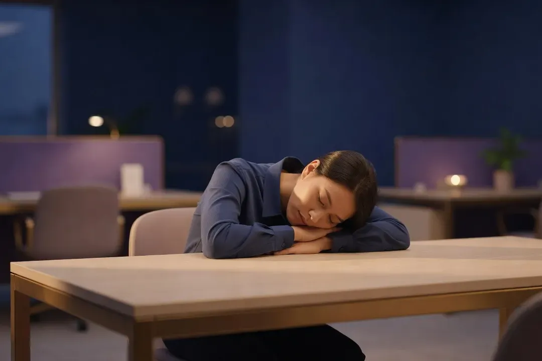 Employé faisant une courte sieste dans un fauteuil de bureau, masque de sommeil sur les yeux