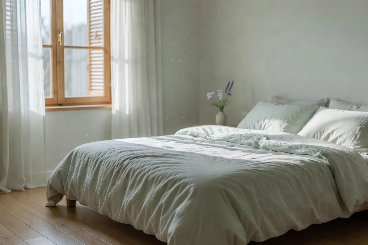 Chambre à coucher fraîche et aérée avec volets entrouverts au petit matin