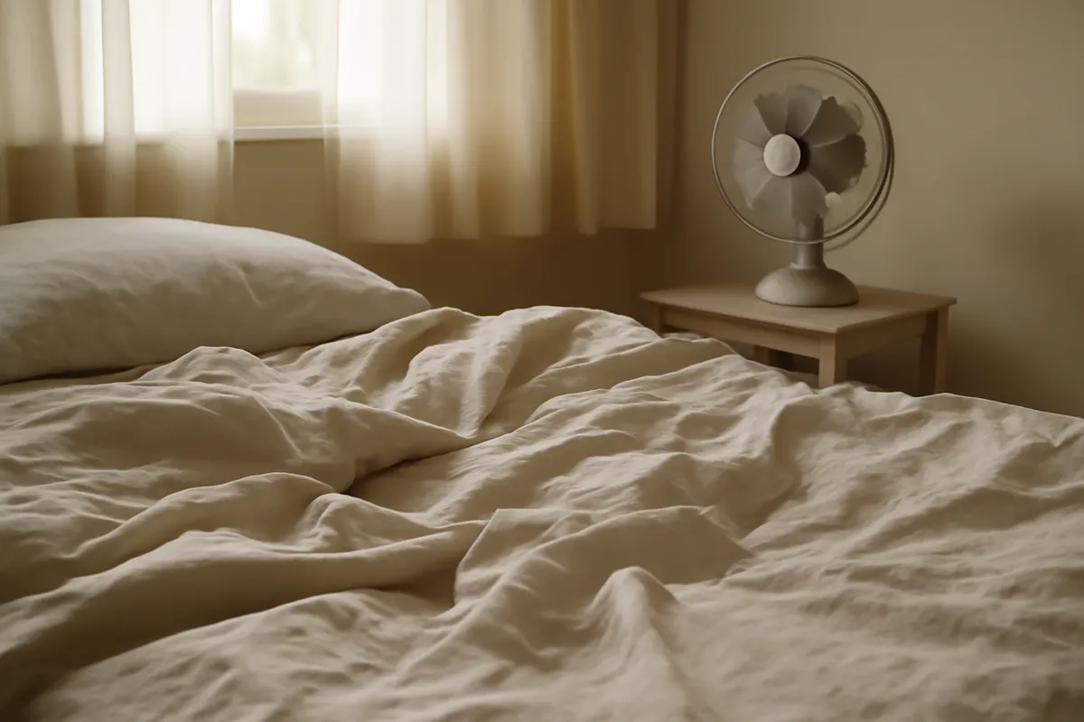 Literie en lin froissée sur un lit avec ventilateur en arrière-plan, ambiance estivale
