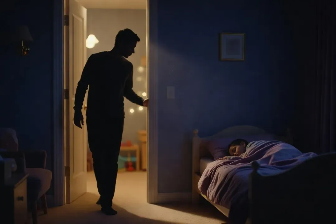 Silhouette d'un parent rassurant dans l'embrasure de la porte d'une chambre d'enfant la nuit