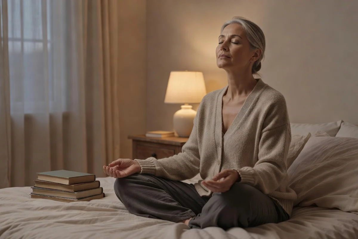 Femme mature souriante assise sur son lit dans une chambre fraîche et aérée au réveil